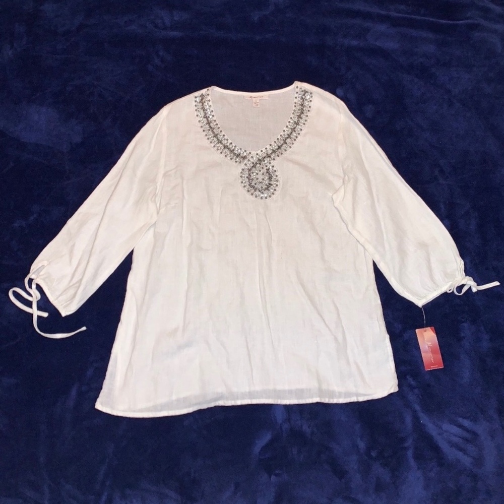 New Jm Collection Painted Blooms White Beaded V-Neck Blouse 3/4 Sleeve Size 16